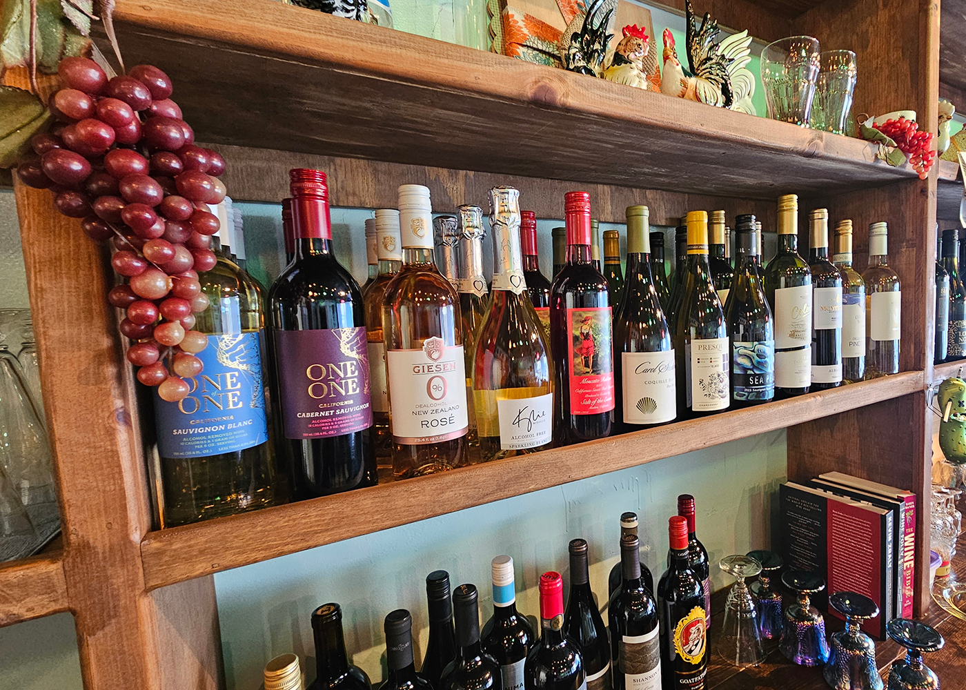 Wine bottle selection on shelving at The Ozark Fork & Cork